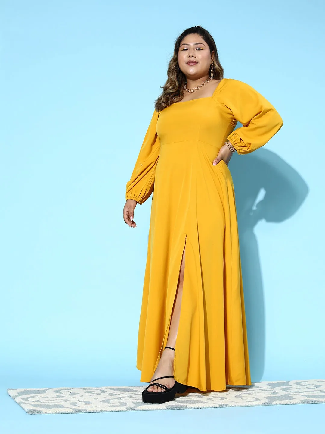 Berrylush Women Plus Size Solid Yellow Square Neck Puff Sleeves Thigh-High Slit Fit & Flare Maxi Dress