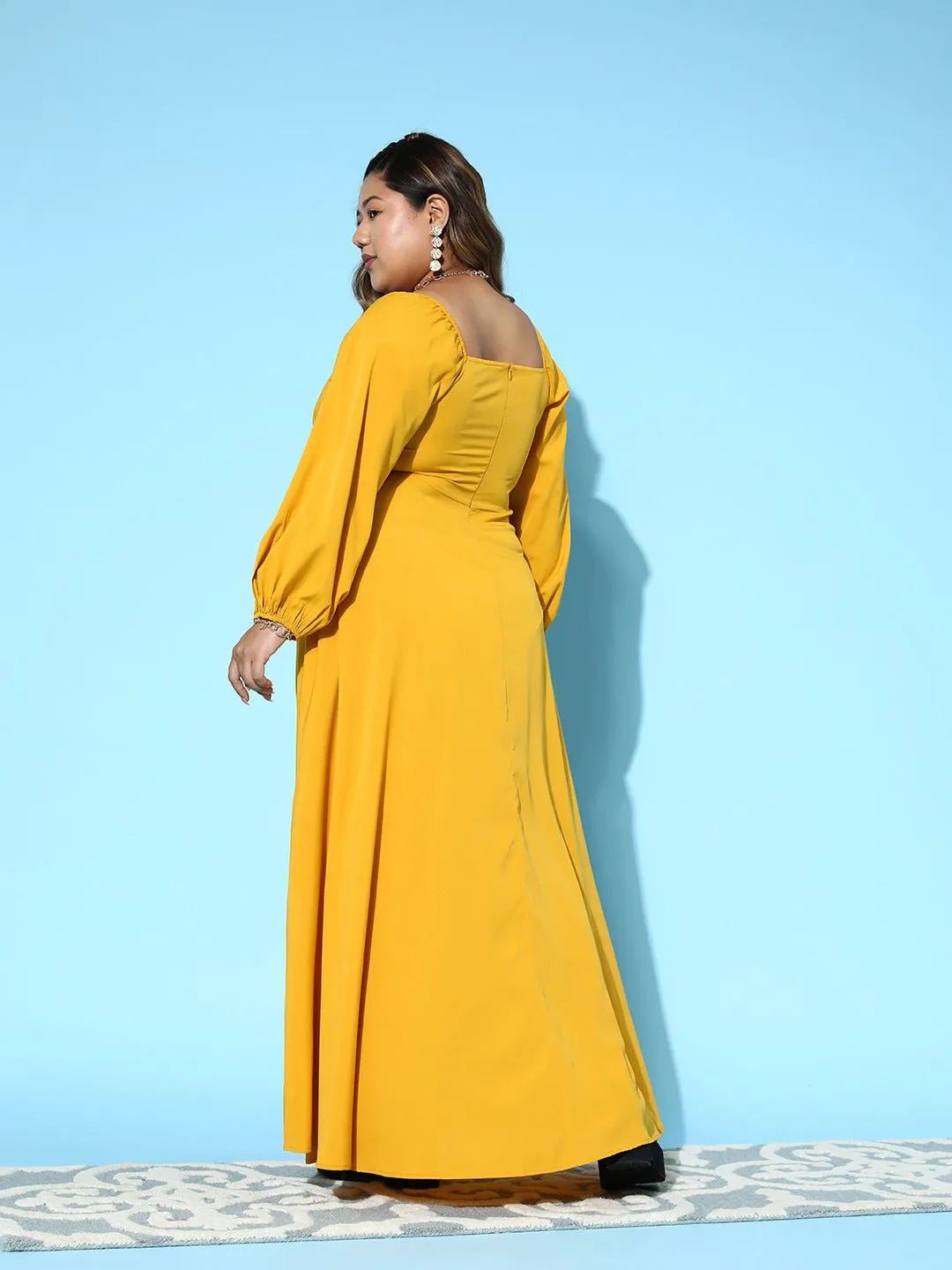 Berrylush Women Plus Size Solid Yellow Square Neck Puff Sleeves Thigh-High Slit Fit & Flare Maxi Dress