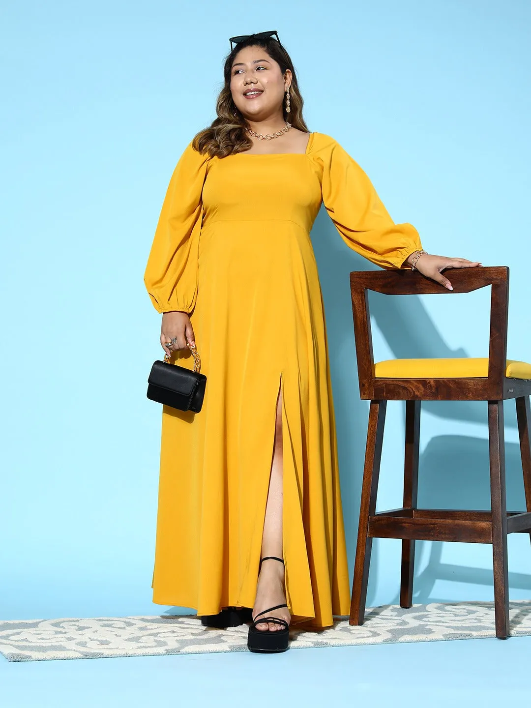 Berrylush Women Plus Size Solid Yellow Square Neck Puff Sleeves Thigh-High Slit Fit & Flare Maxi Dress