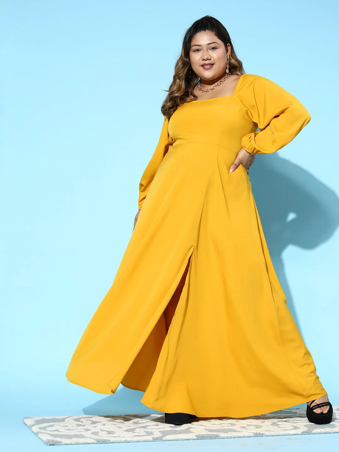 Berrylush Women Plus Size Solid Yellow Square Neck Puff Sleeves Thigh-High Slit Fit & Flare Maxi Dress