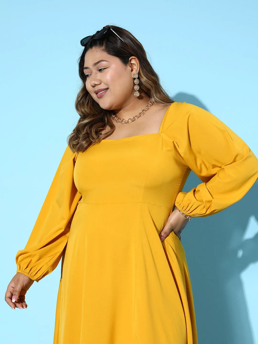 Berrylush Women Plus Size Solid Yellow Square Neck Puff Sleeves Thigh-High Slit Fit & Flare Maxi Dress