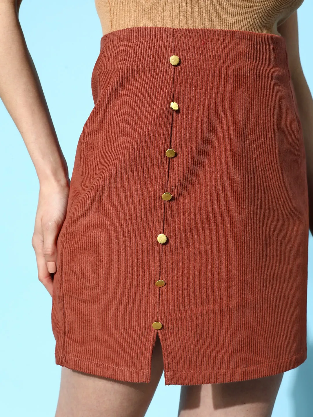 Berrylush Women Solid Brown High-Rise Waist Cotton Corduroy Straight Hem Button Embellished Mini Skirt