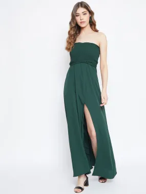 Berrylush Women Solid Green Front Slit Smocked Maxi Dress