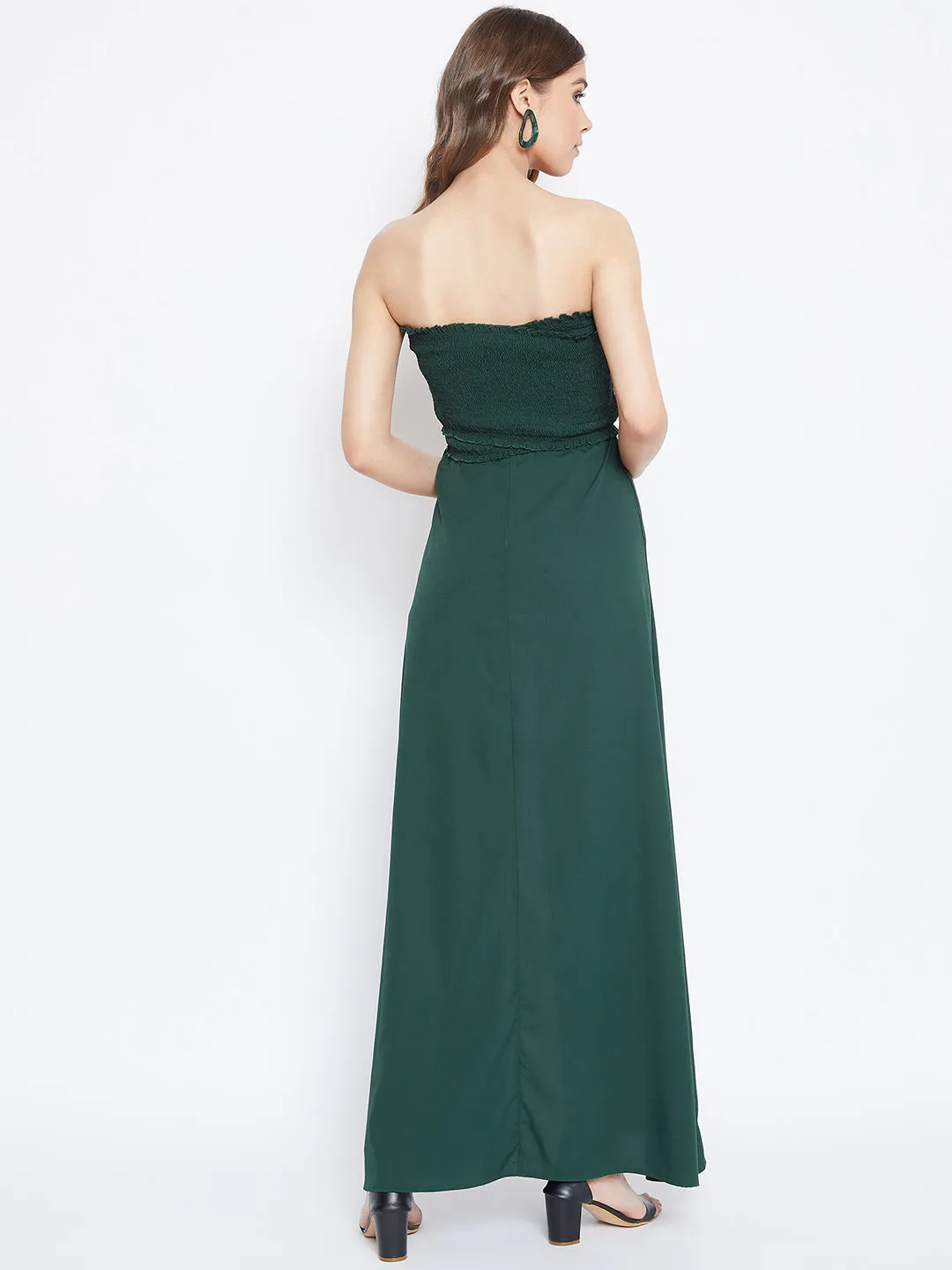 Berrylush Women Solid Green Front Slit Smocked Maxi Dress