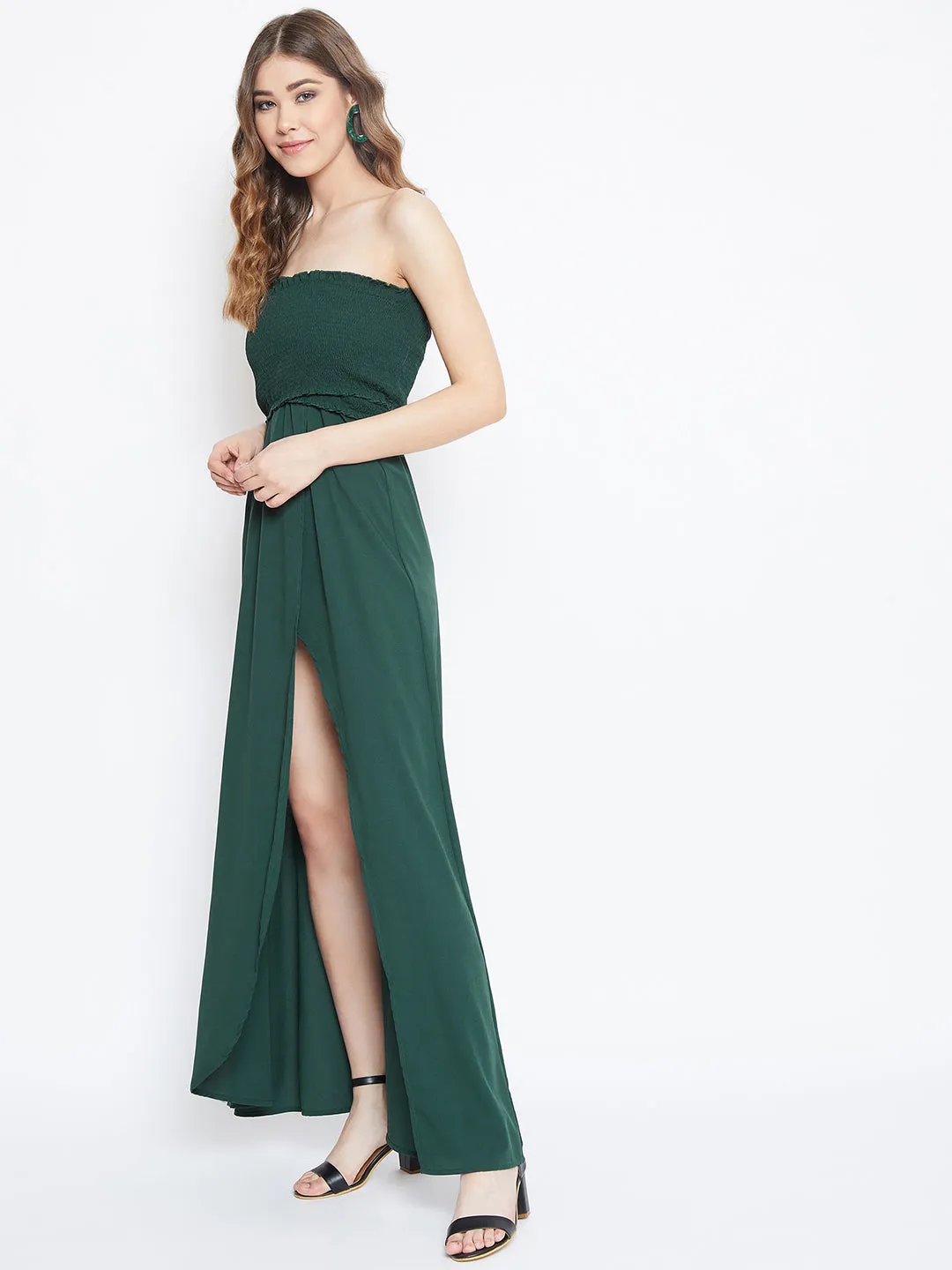 Berrylush Women Solid Green Front Slit Smocked Maxi Dress