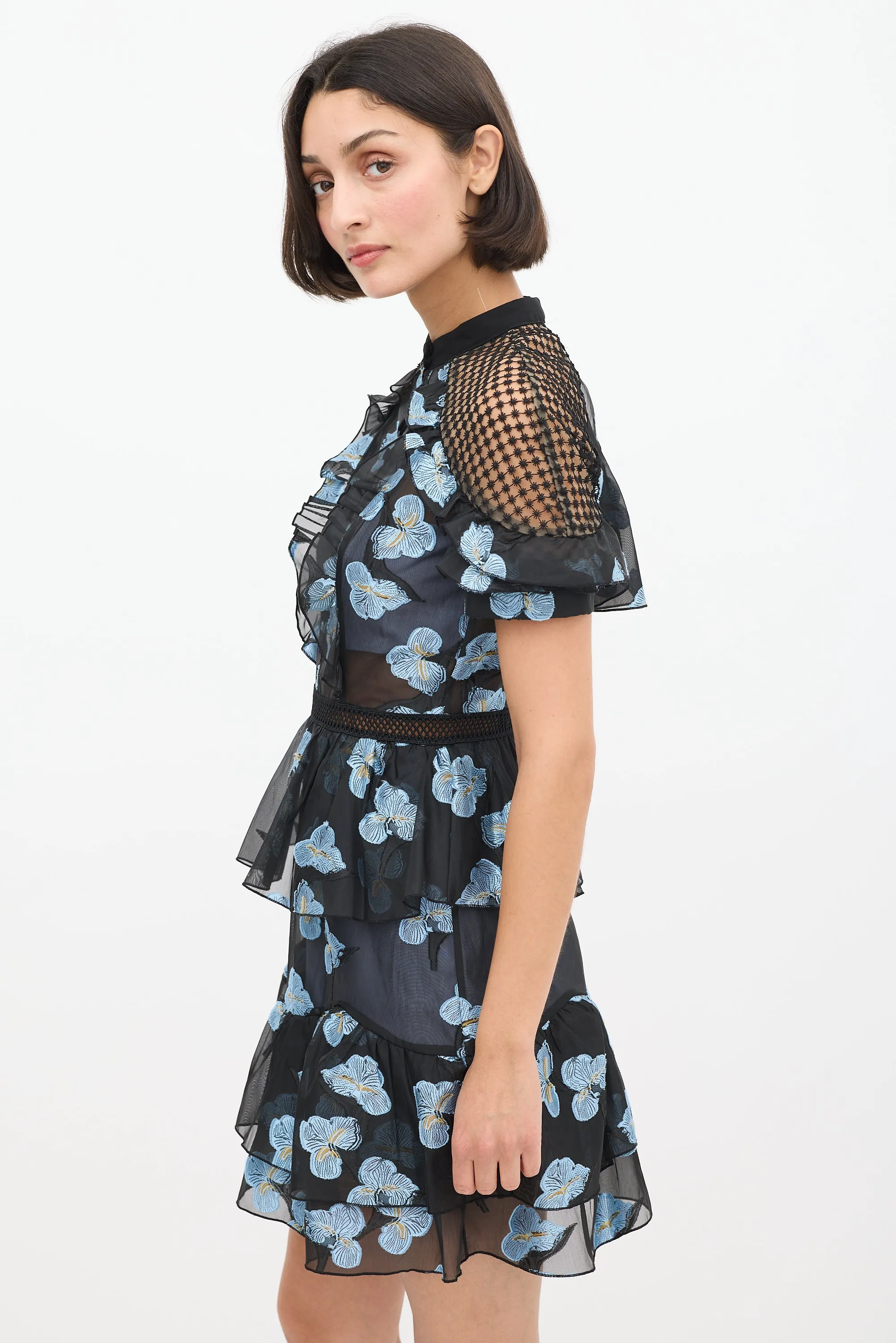 Black & Light Blue Floral Fil Coupé Cape Dress