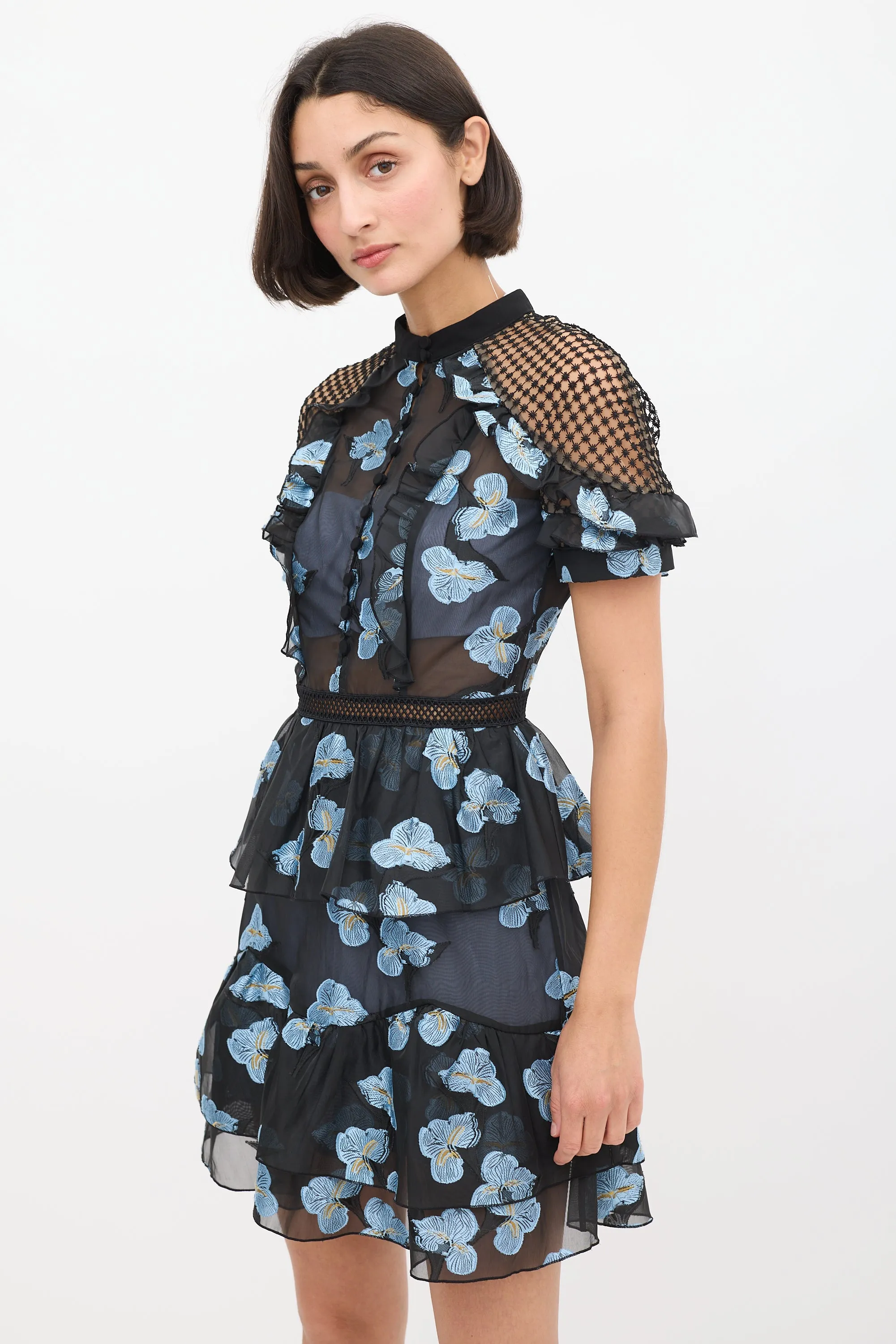 Black & Light Blue Floral Fil Coupé Cape Dress