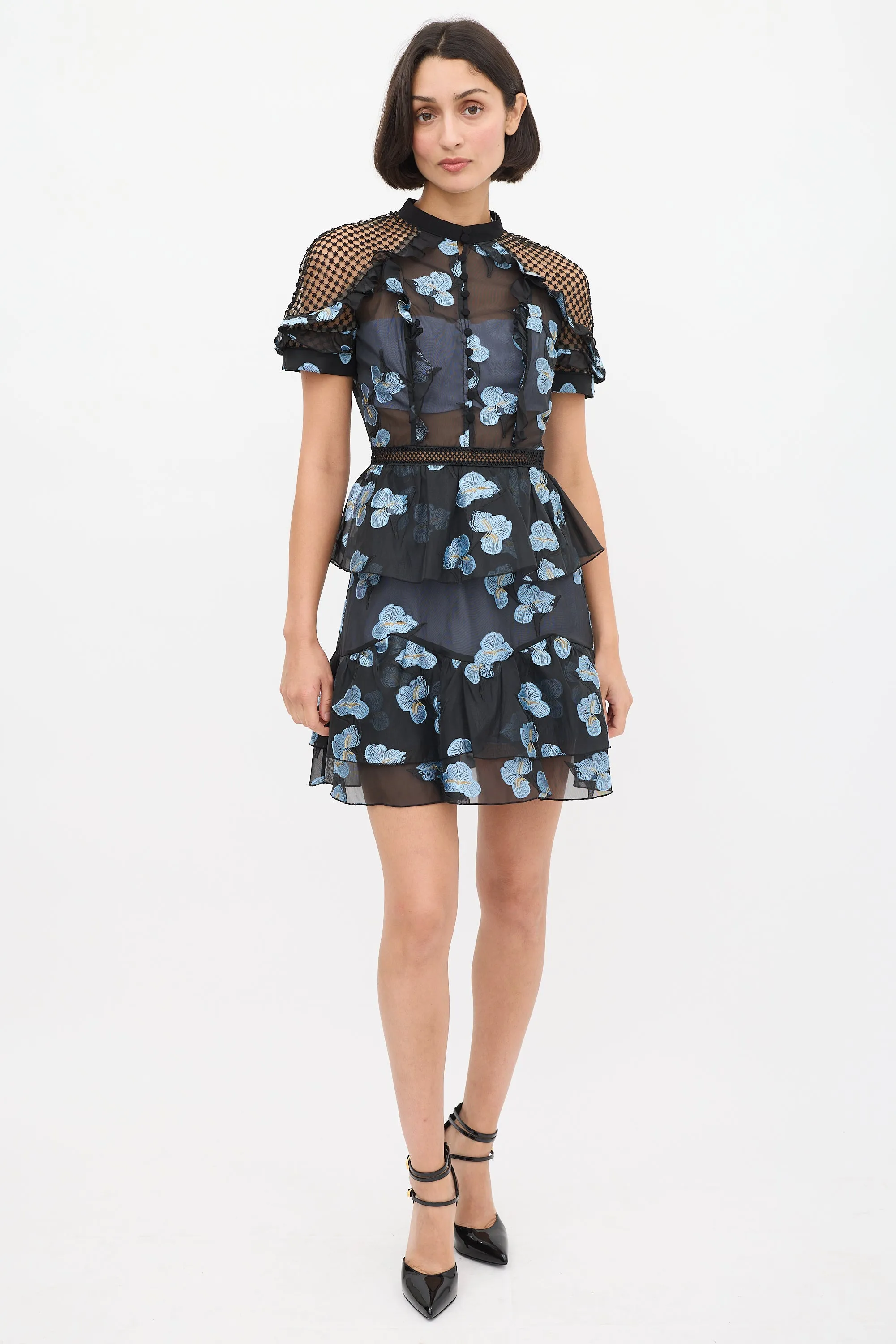 Black & Light Blue Floral Fil Coupé Cape Dress