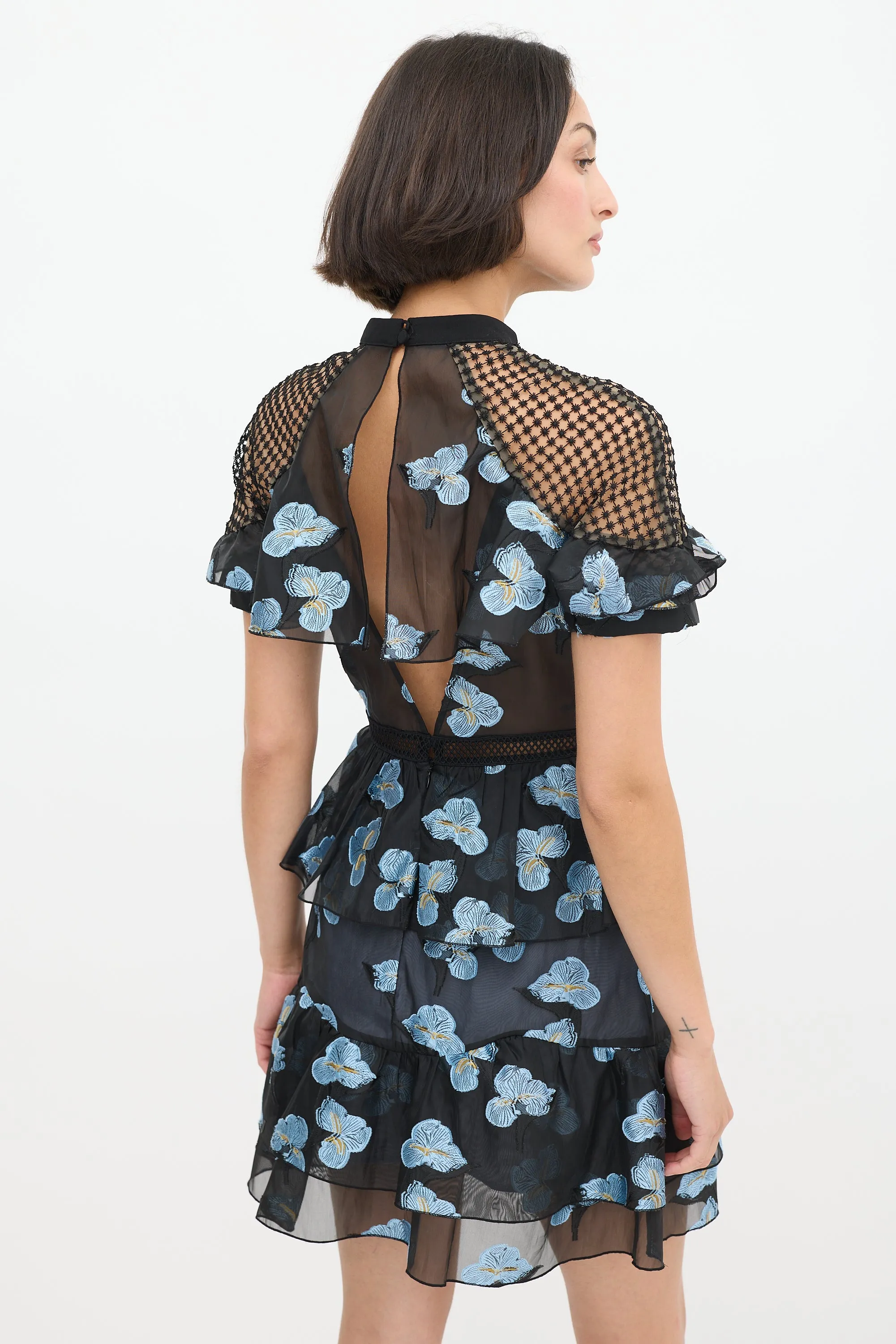 Black & Light Blue Floral Fil Coupé Cape Dress