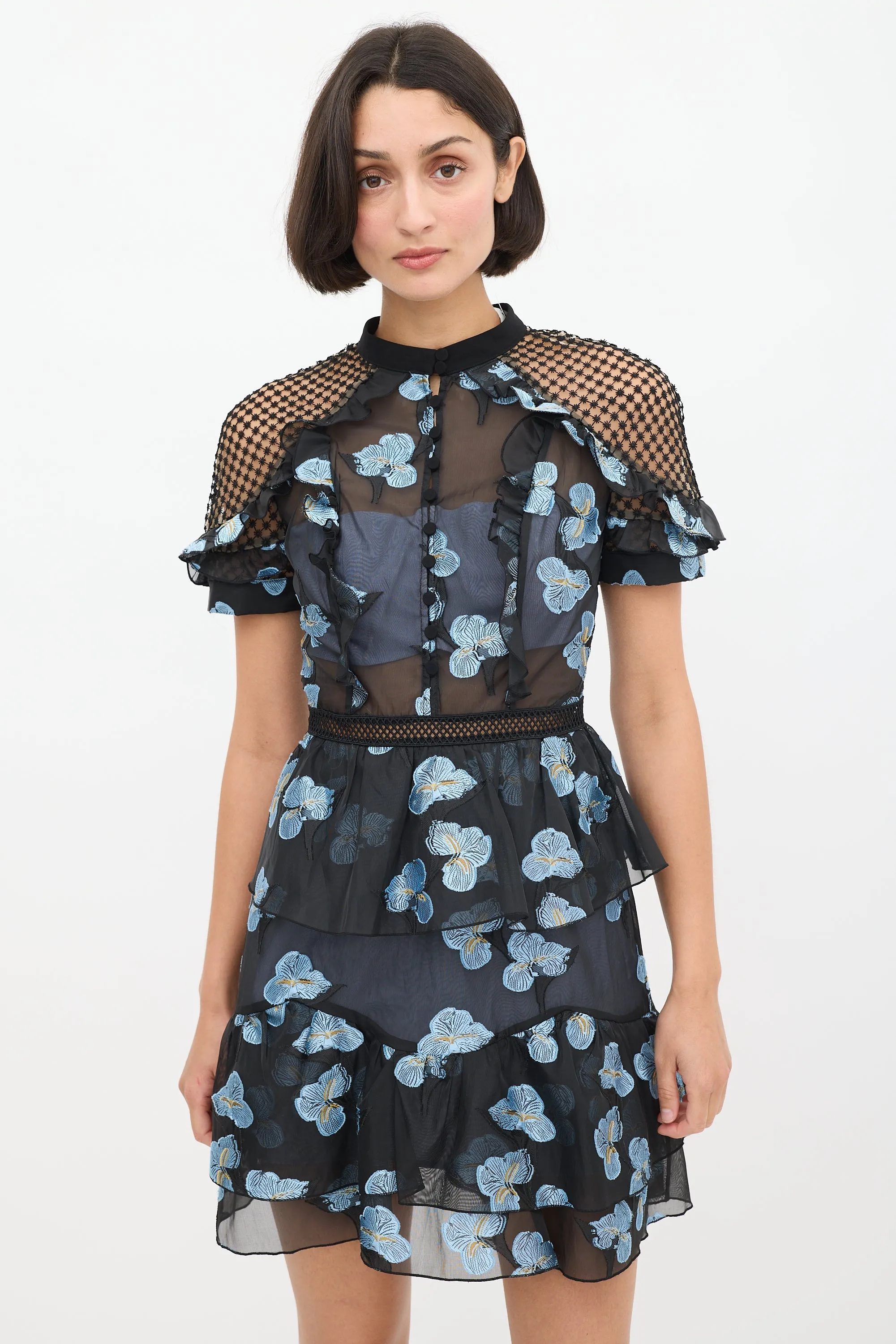 Black & Light Blue Floral Fil Coupé Cape Dress