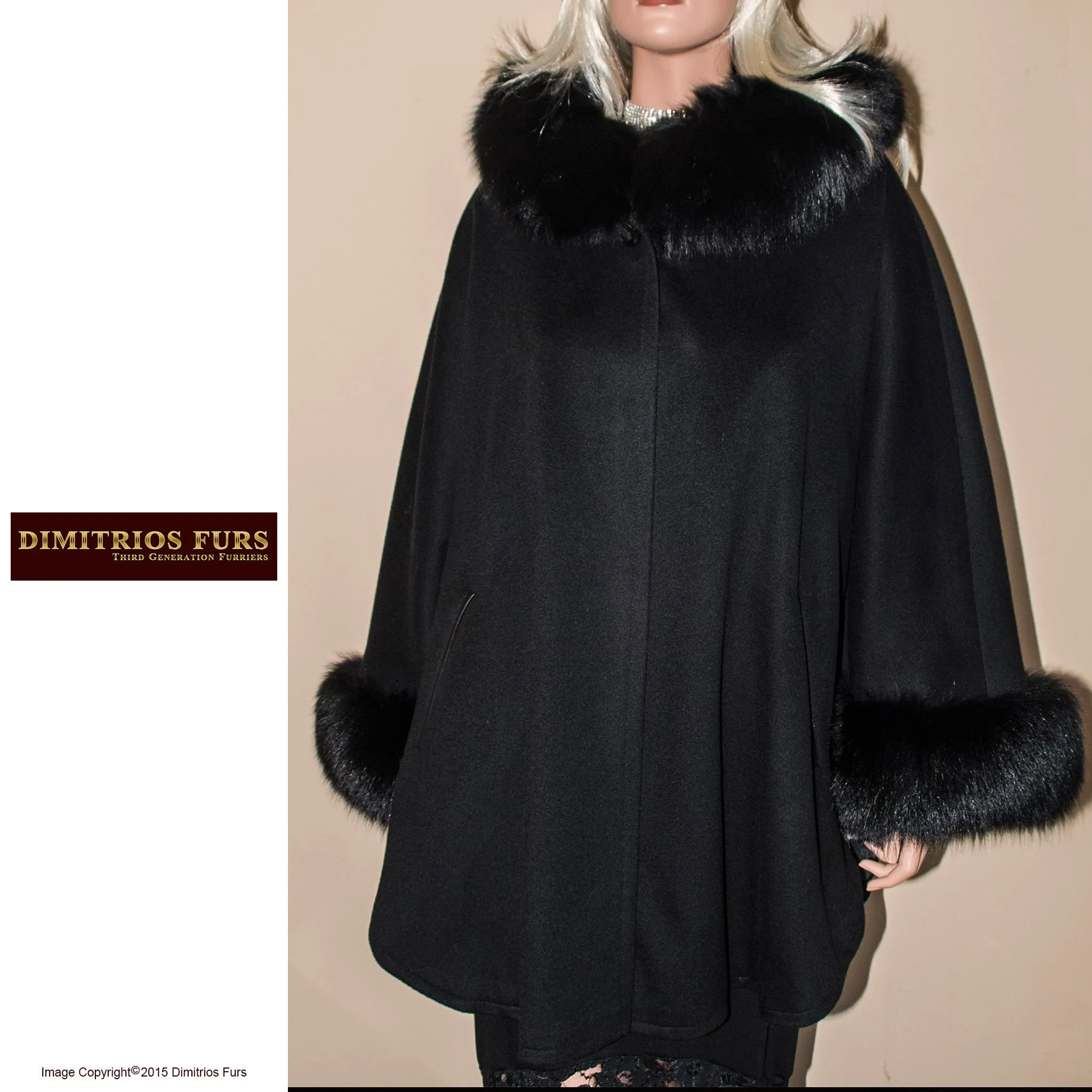 Black Cashmere Cape with Black Fox Fur Trim - Loro Piana - EXOMIS WS