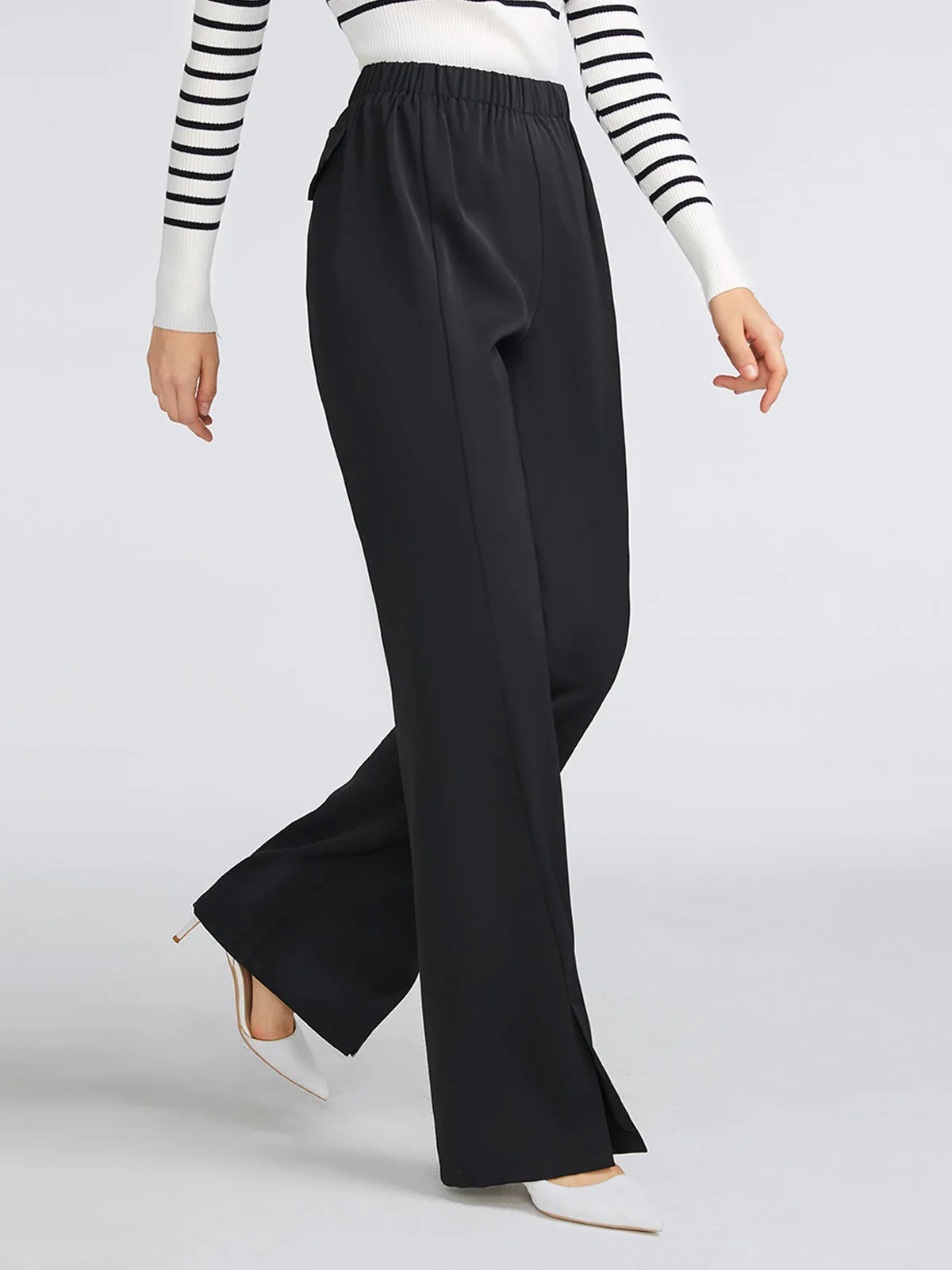 Black High Waist Wide-Leg Slit Pants