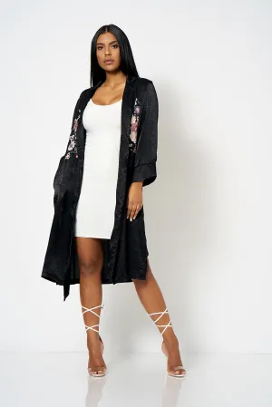 Black Satin Embroidery Duster Coat