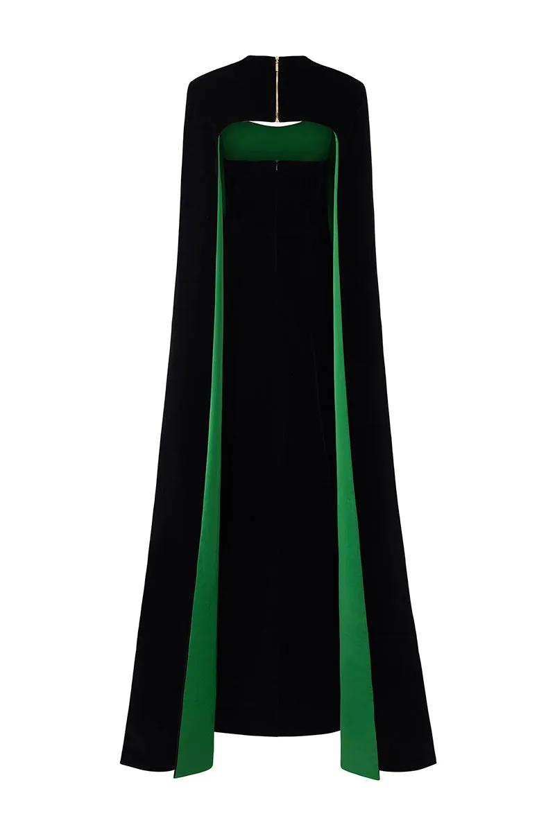 BLACK STRAPLESS BUSTIER VELVET GOWN WITH LONG CAPE