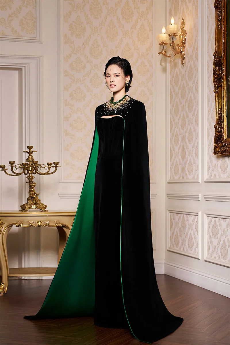 BLACK STRAPLESS BUSTIER VELVET GOWN WITH LONG CAPE