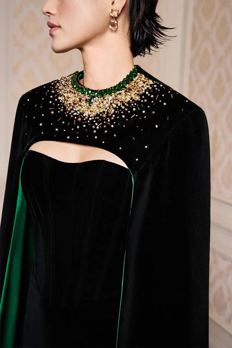 BLACK STRAPLESS BUSTIER VELVET GOWN WITH LONG CAPE