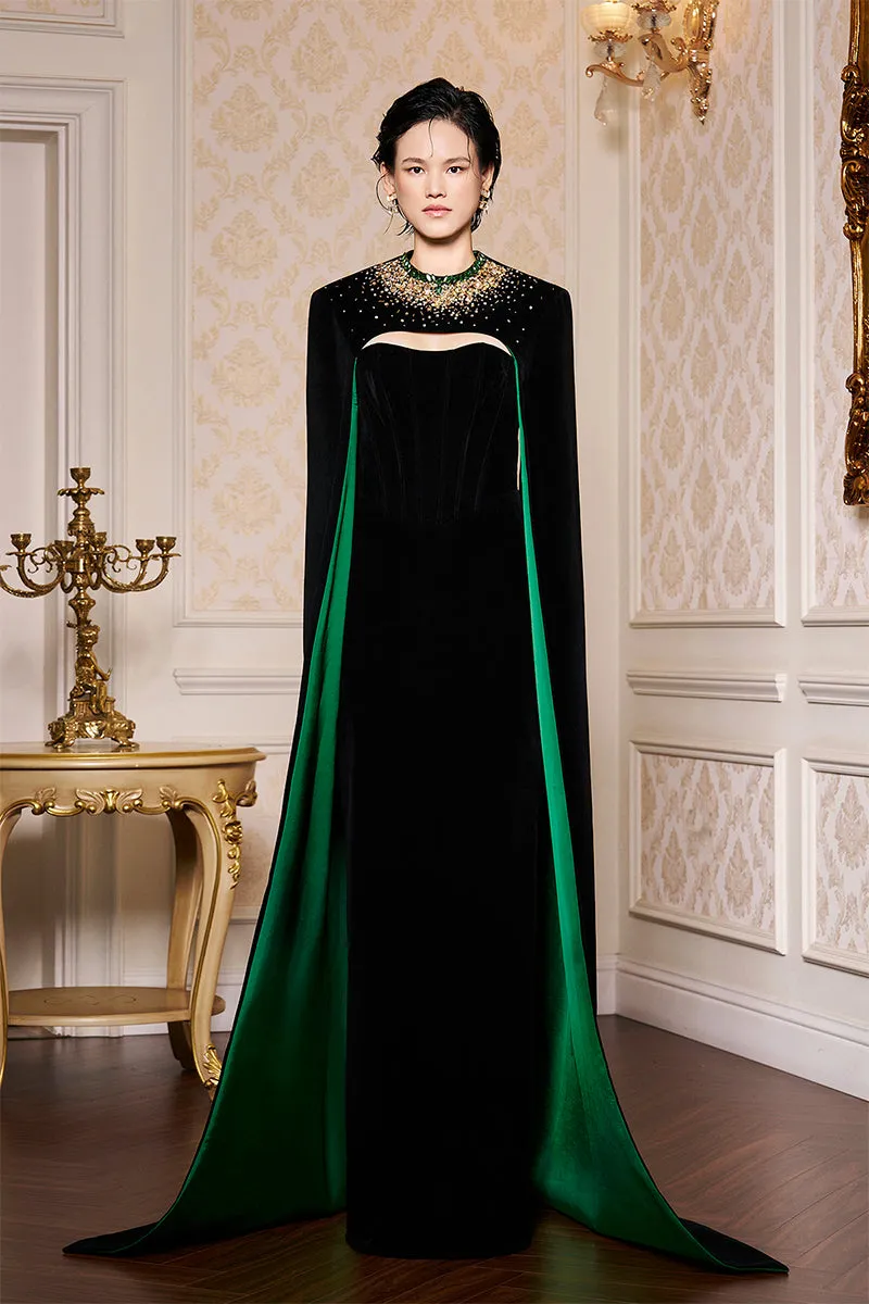 BLACK STRAPLESS BUSTIER VELVET GOWN WITH LONG CAPE