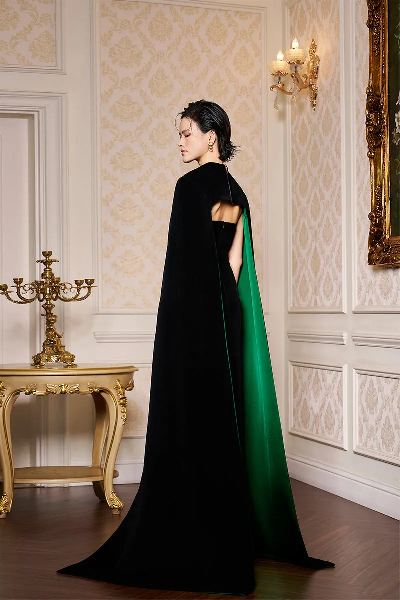 BLACK STRAPLESS BUSTIER VELVET GOWN WITH LONG CAPE