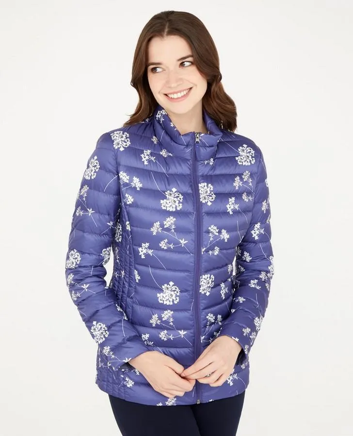 Blue Pretty Posey Print Down Jacket