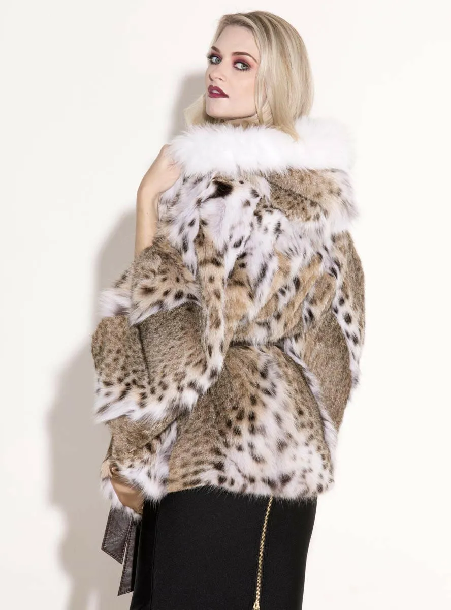 Bobcat Fur Cape with Fox Fur Trimmed Hood & Detachable Leather Belt