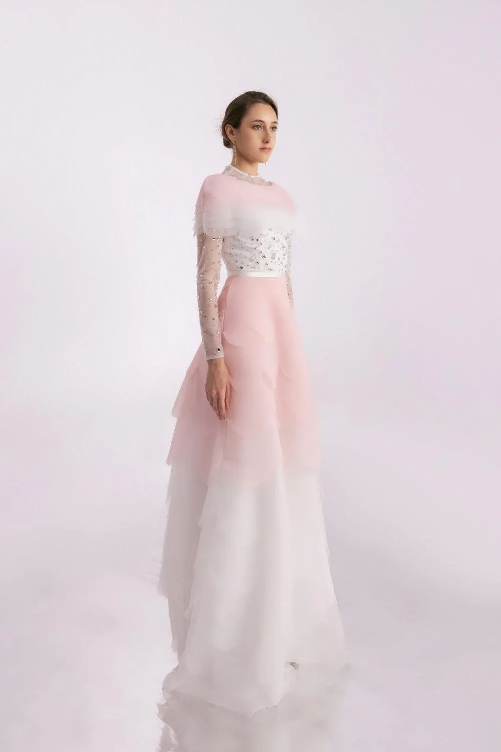 Bonilla Layered Long Sleeved Organza Floor Length Dress