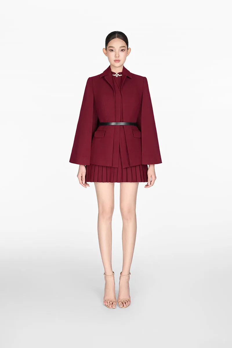 BORDEAUX CAPE BLAZER WITH SMOCKED MINI DRESS