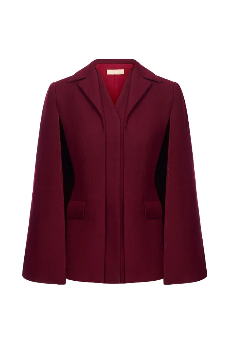 BORDEAUX CAPE BLAZER WITH SMOCKED MINI DRESS