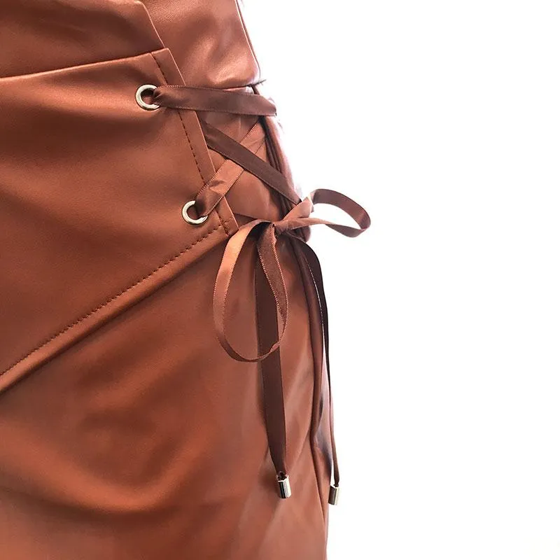 Brown lace up A-line girls short skirt PU leather mini skirt