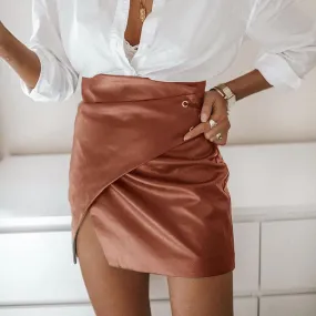 Brown lace up A-line girls short skirt PU leather mini skirt