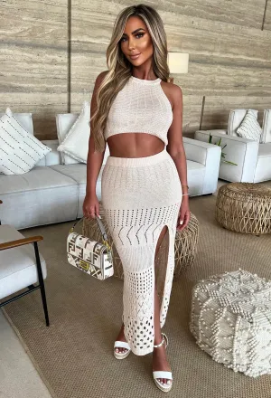 Cabana Crush Beige Crochet Knitted Halterneck Maxi Skirt Co-Ord Set