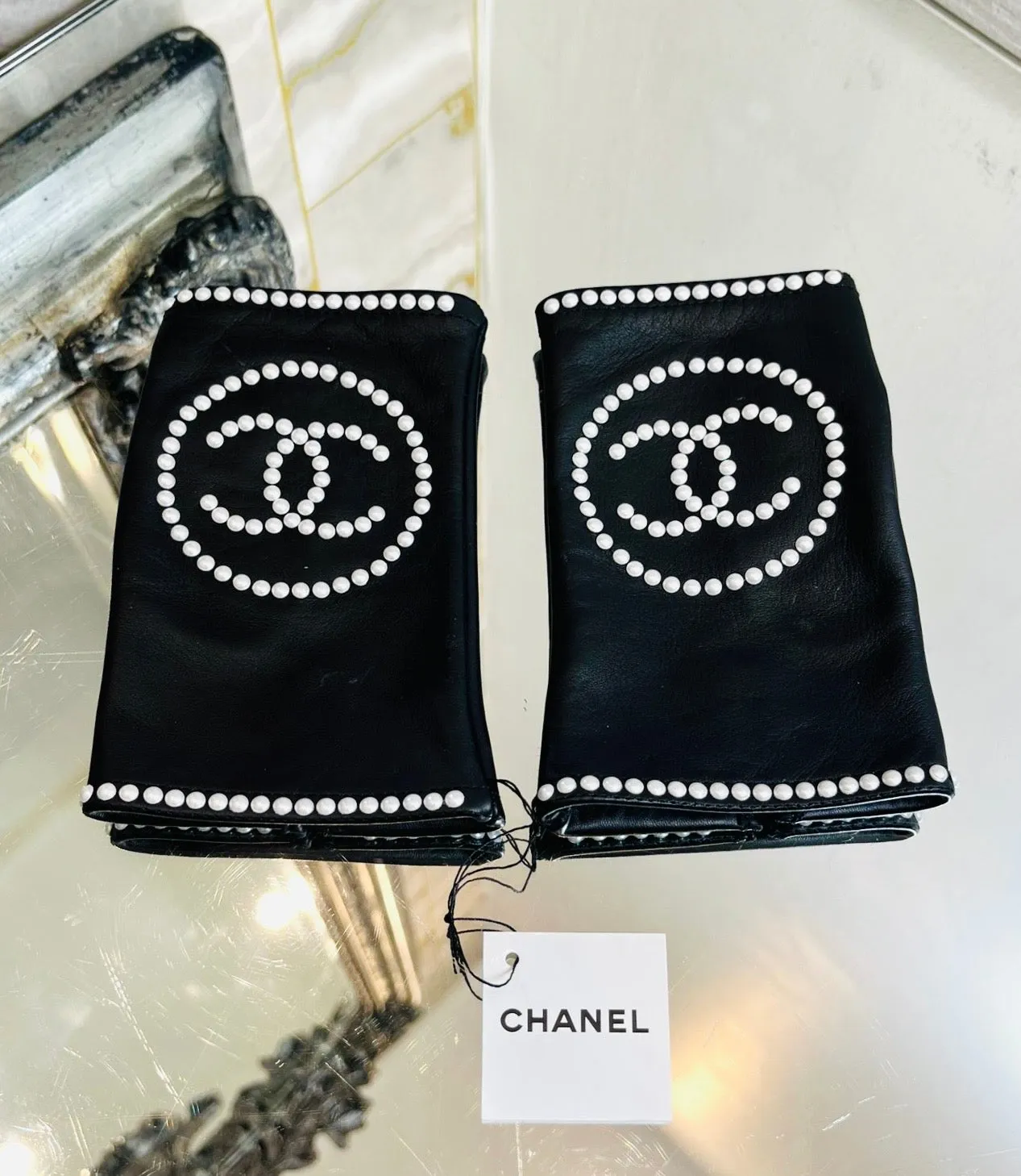 Chanel 'CC' Logo Leather & Pearl Fingerless Gloves