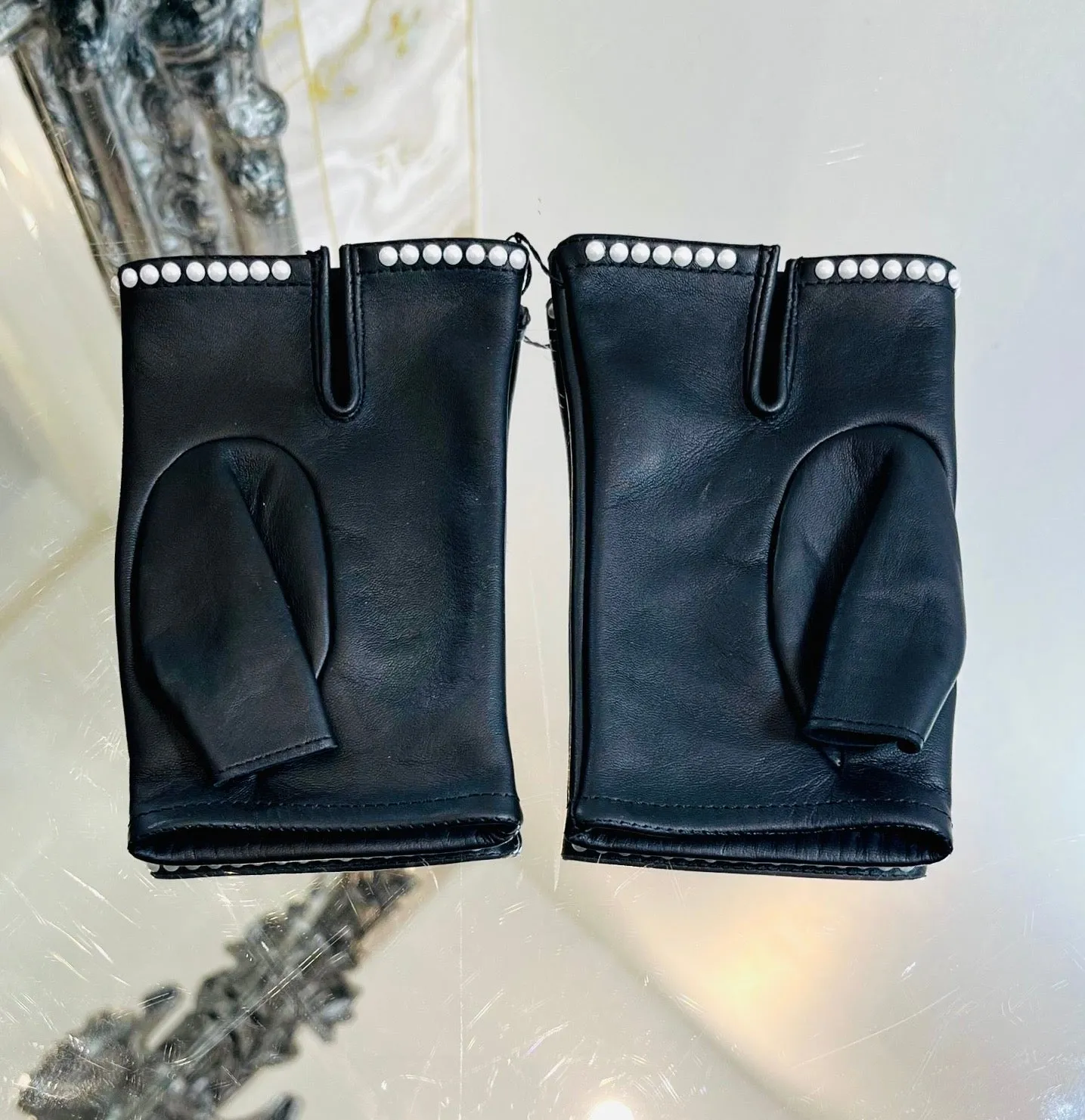 Chanel 'CC' Logo Leather & Pearl Fingerless Gloves