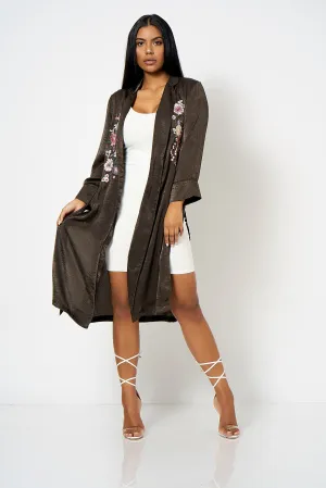 Charcoal Satin Embroidery Duster Coat