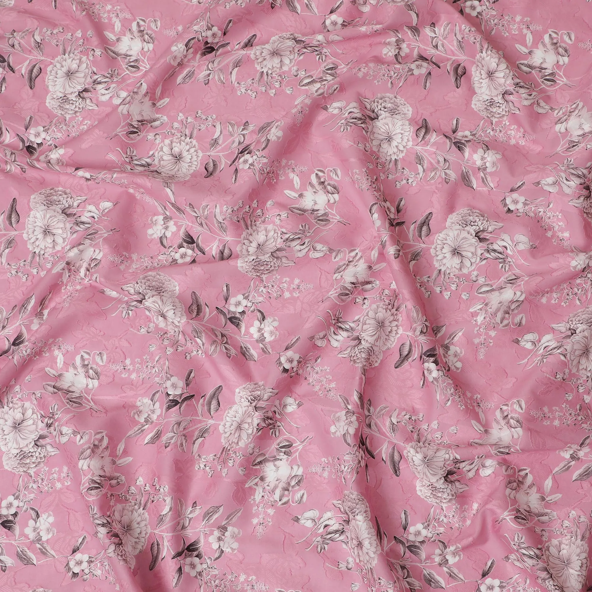 Charming Rose Pink Uragiri Cotton Voile Fabric with Monochrome Floral Print, 110 cm Wide - Airy Elegance from India-D18982