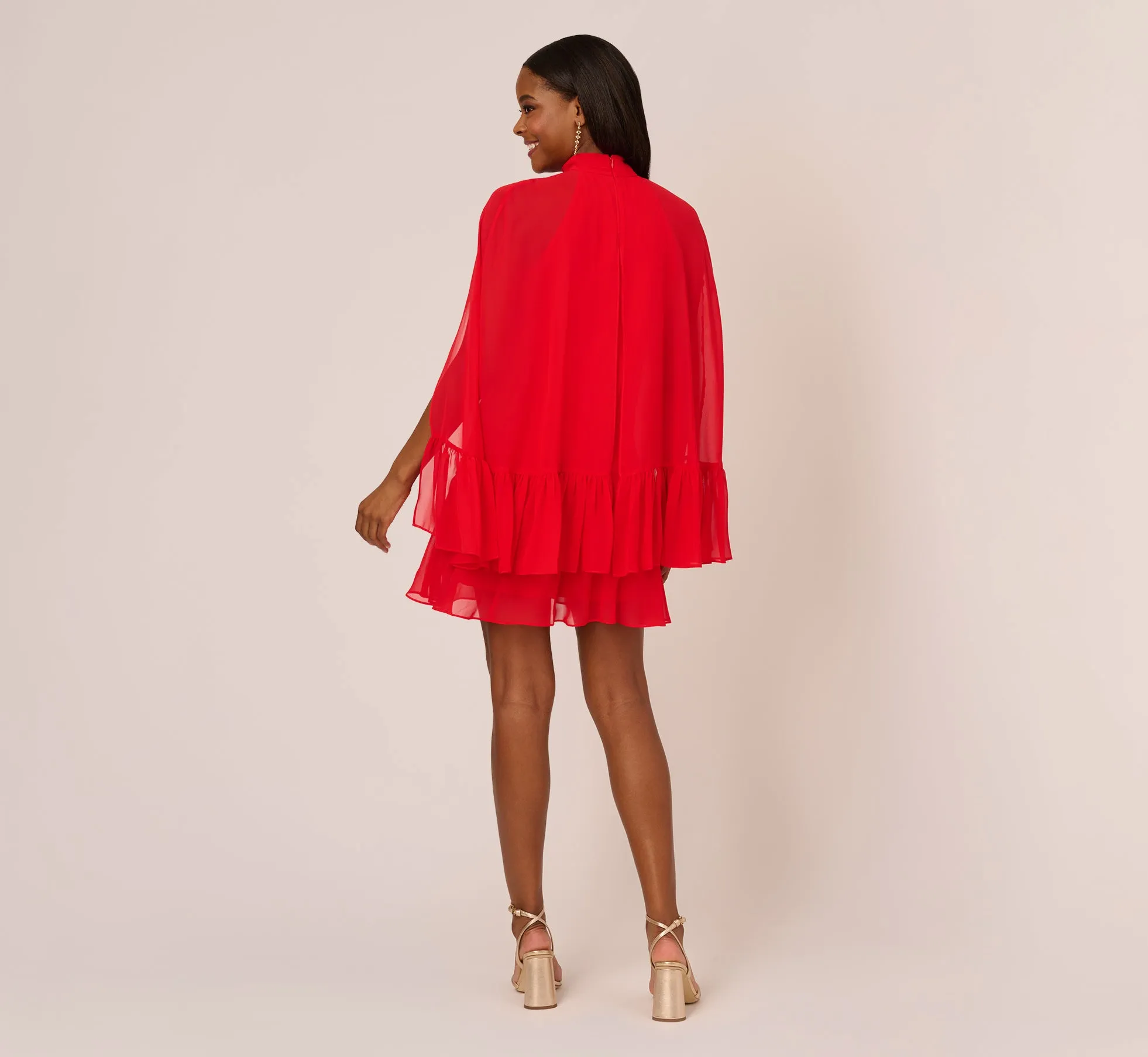 Chiffon Cape Sheath Dress With Ruffle Details In Red Crush