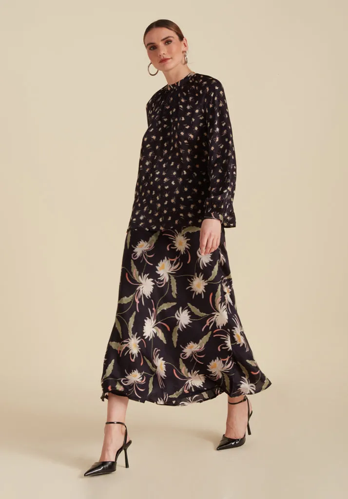 Clara Bias Cut Moonflower Print Midi Skirt In Navy