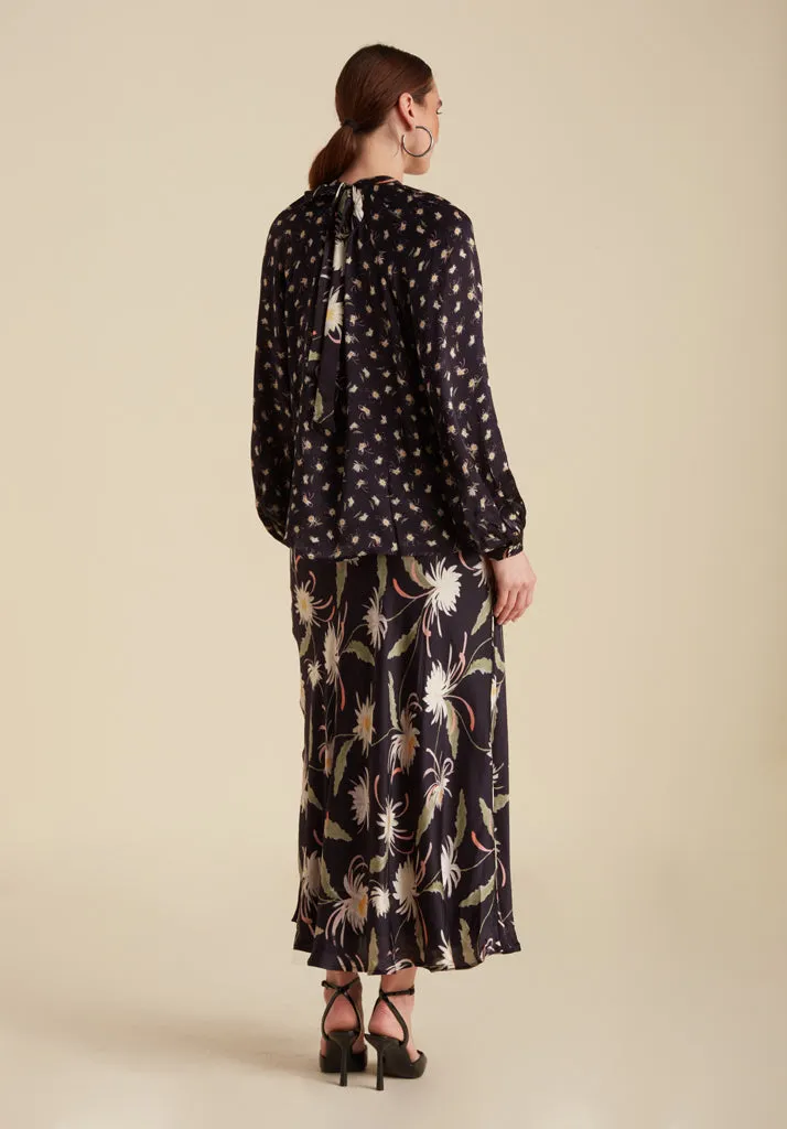 Clara Bias Cut Moonflower Print Midi Skirt In Navy