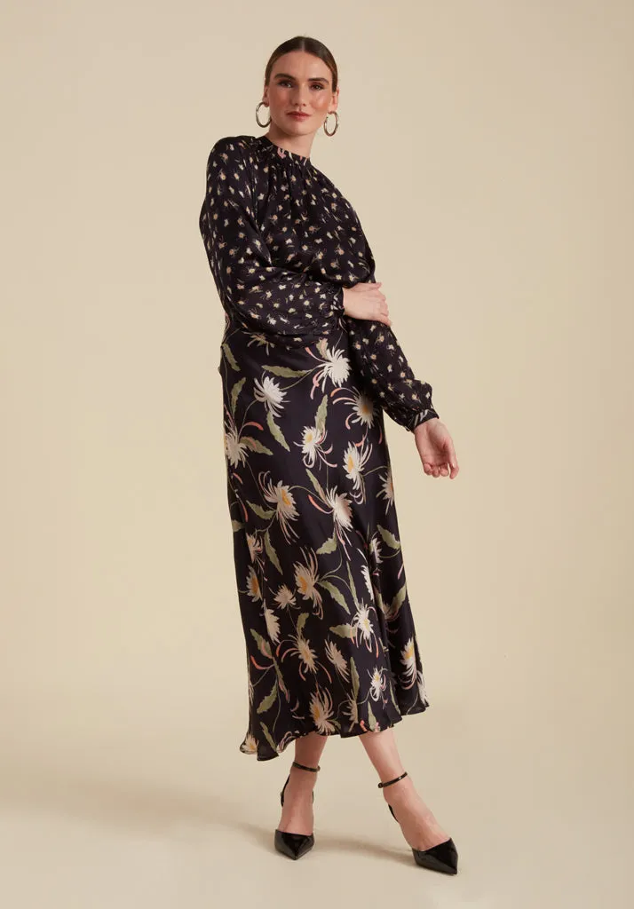 Clara Bias Cut Moonflower Print Midi Skirt In Navy