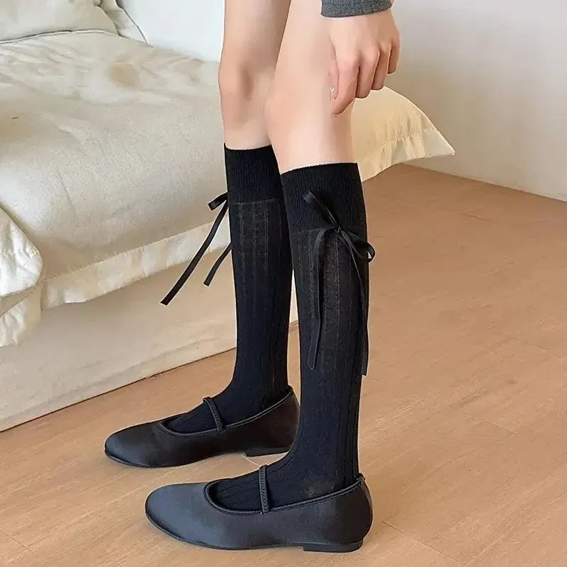 Classic Black Knee High Socks With Ribbon Detail - KawaSocks