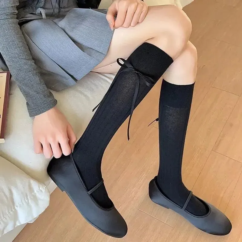 Classic Black Knee High Socks With Ribbon Detail - KawaSocks