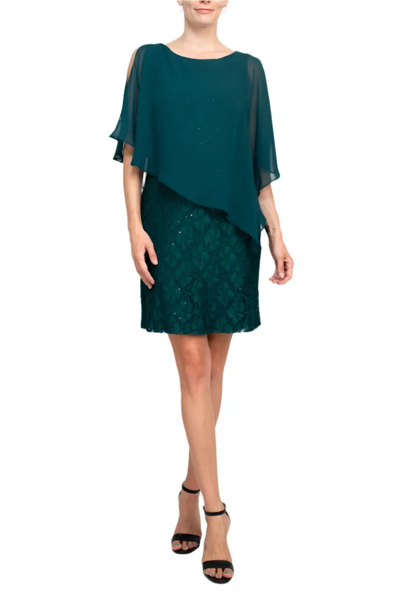 Connected  Apparel Boat Neck Cape Chiffon Sleeve Floral Lace Dress