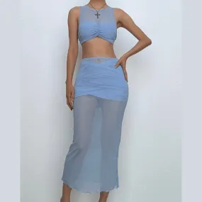 Crewneck sleeveless ruched mesh crop maxi skirt set