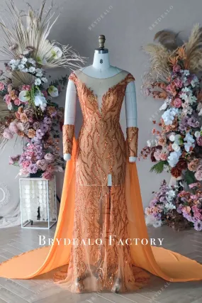 Custom Orange Beaded Slit Long Prom Dress