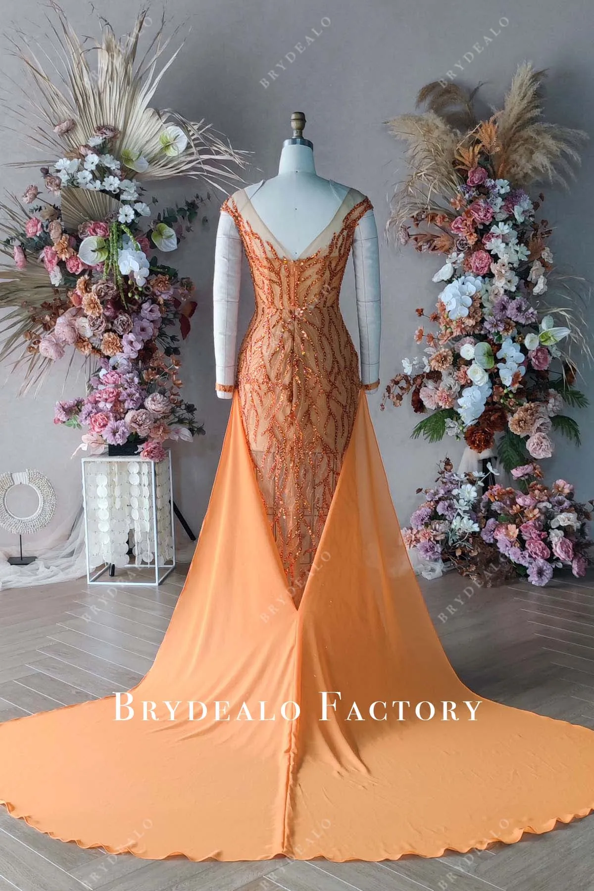 Custom Orange Beaded Slit Long Prom Dress