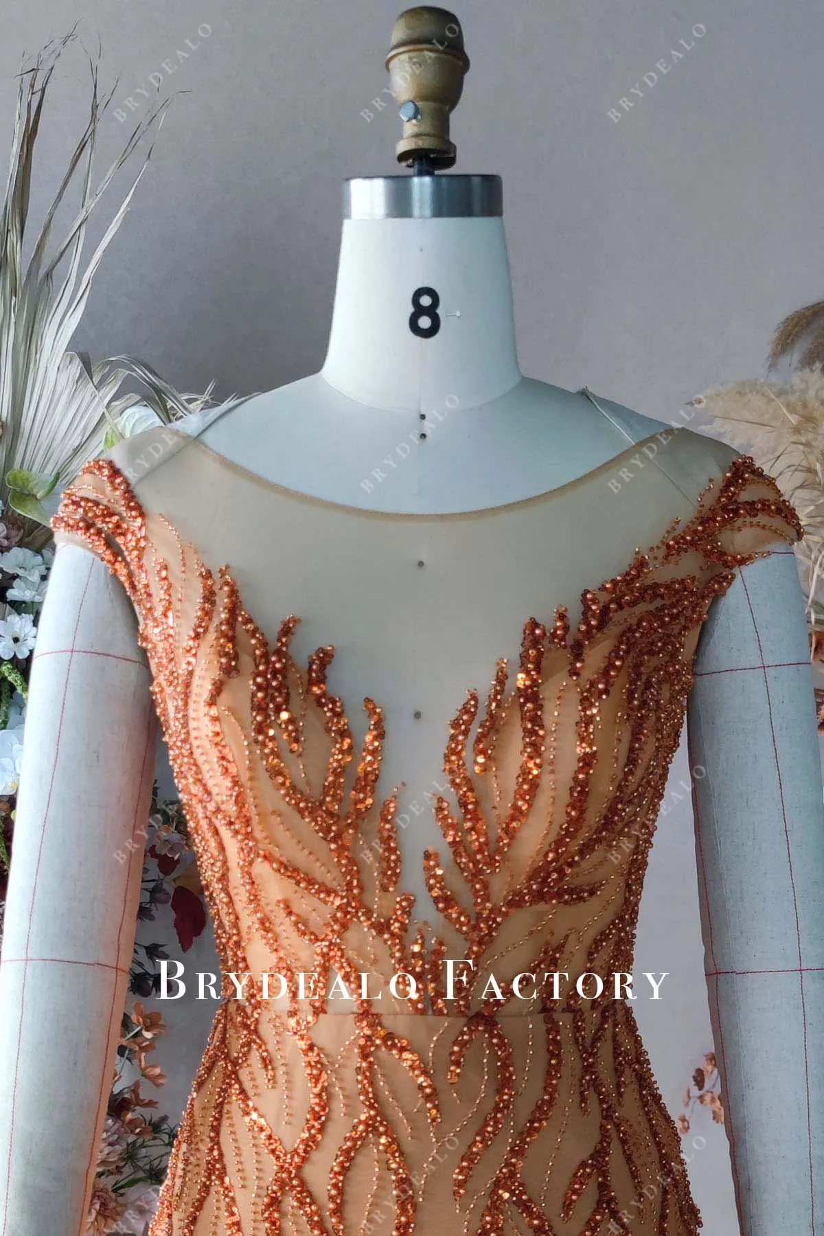 Custom Orange Beaded Slit Long Prom Dress