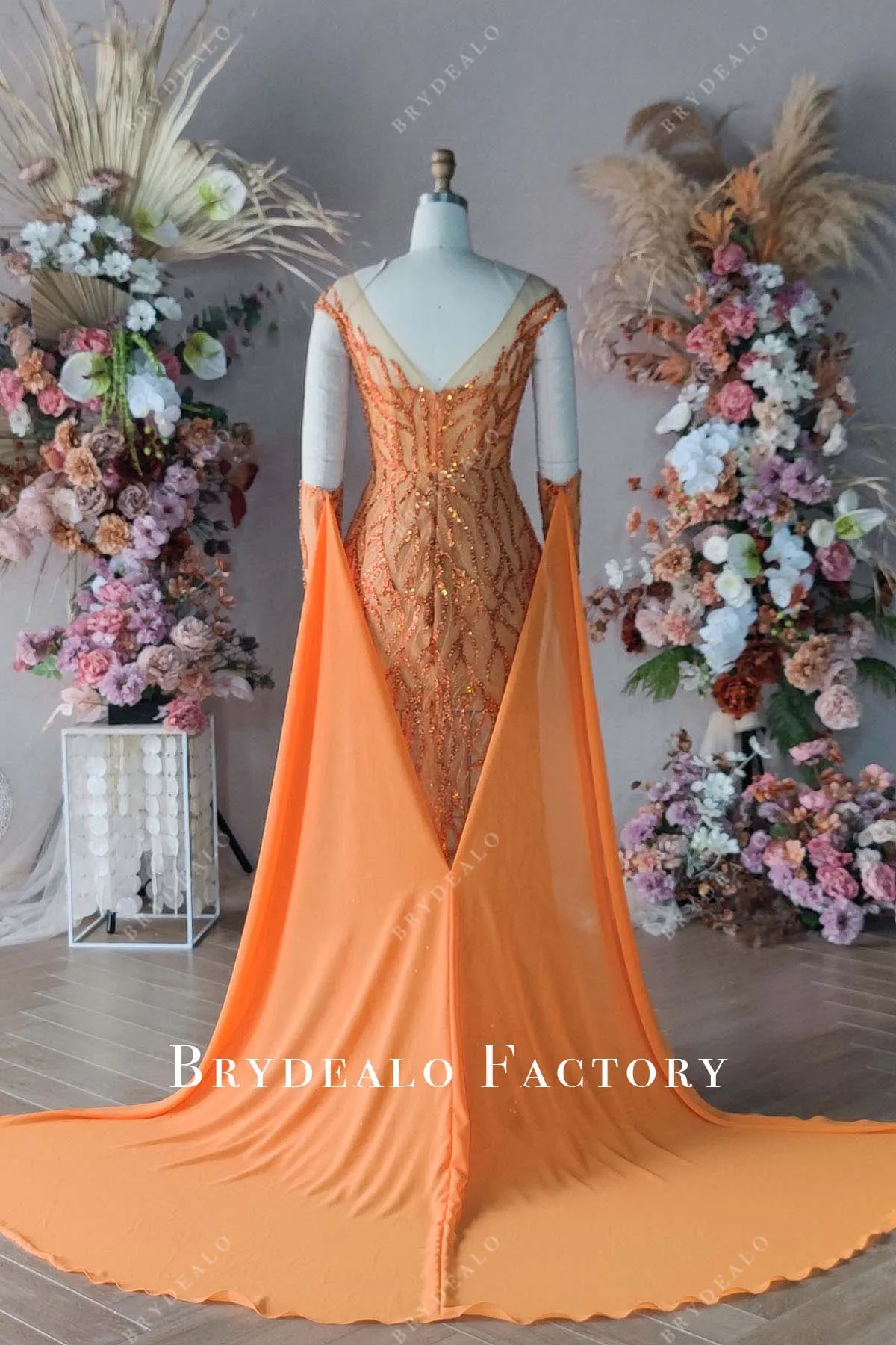 Custom Orange Beaded Slit Long Prom Dress