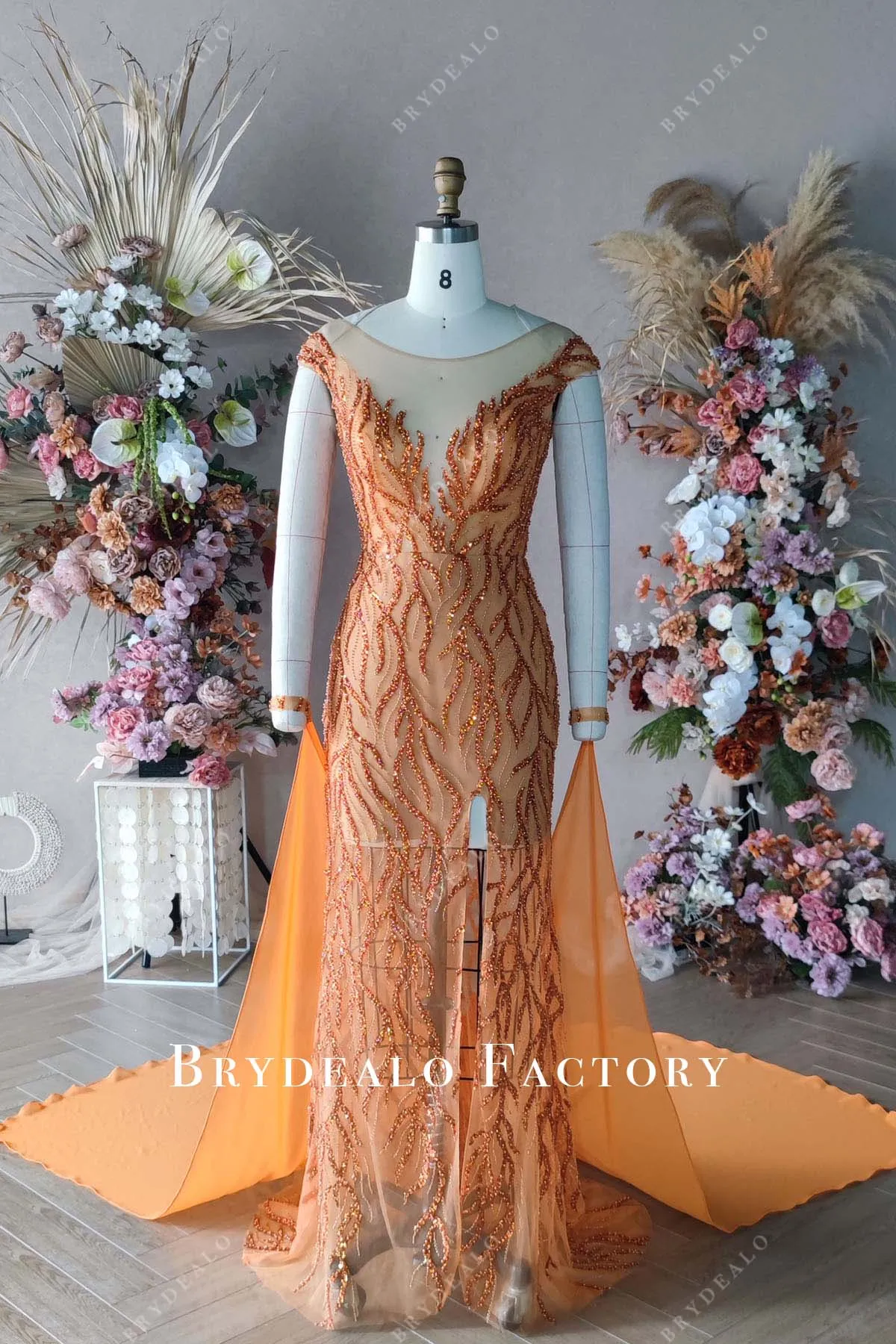 Custom Orange Beaded Slit Long Prom Dress