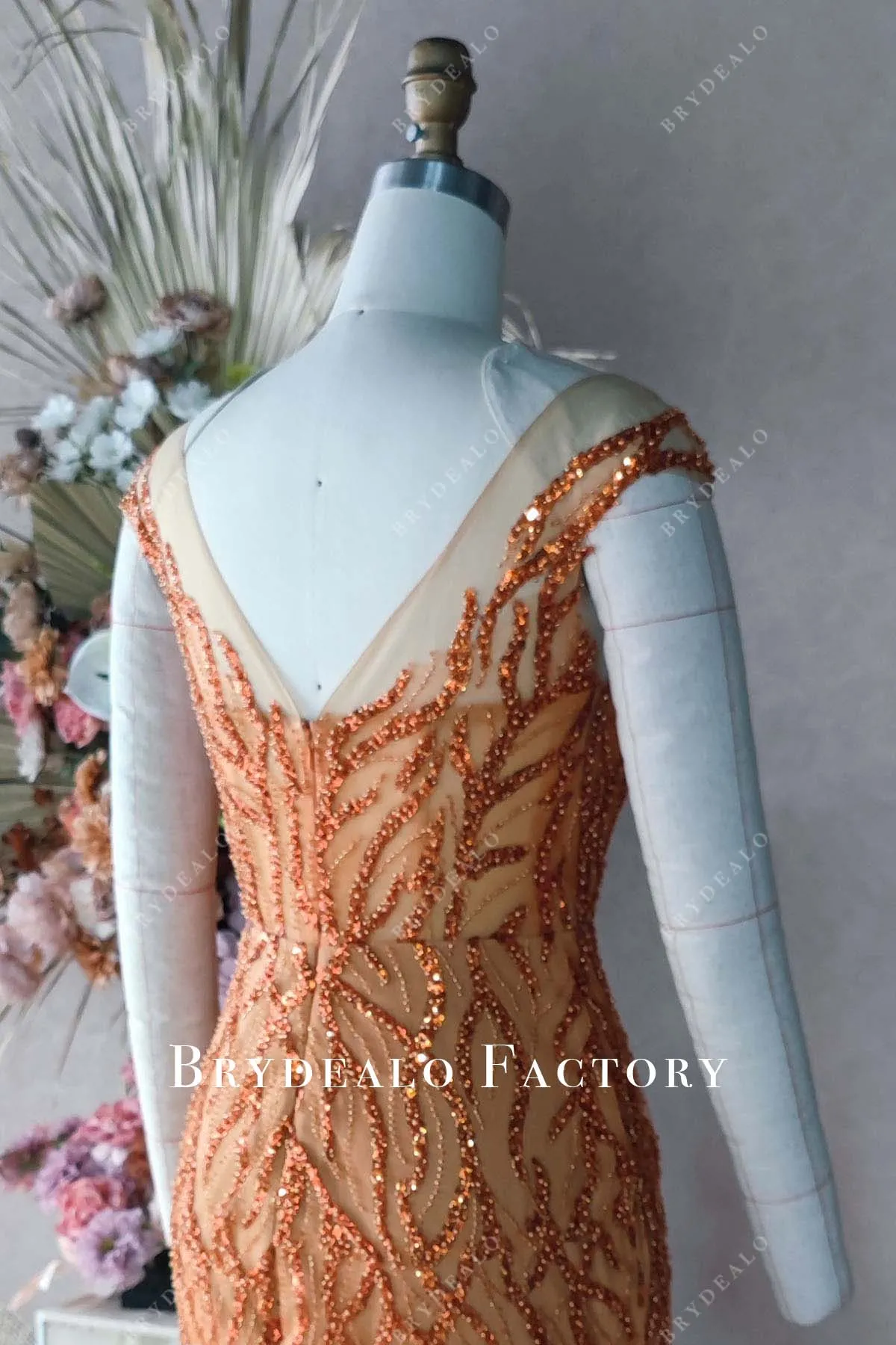 Custom Orange Beaded Slit Long Prom Dress