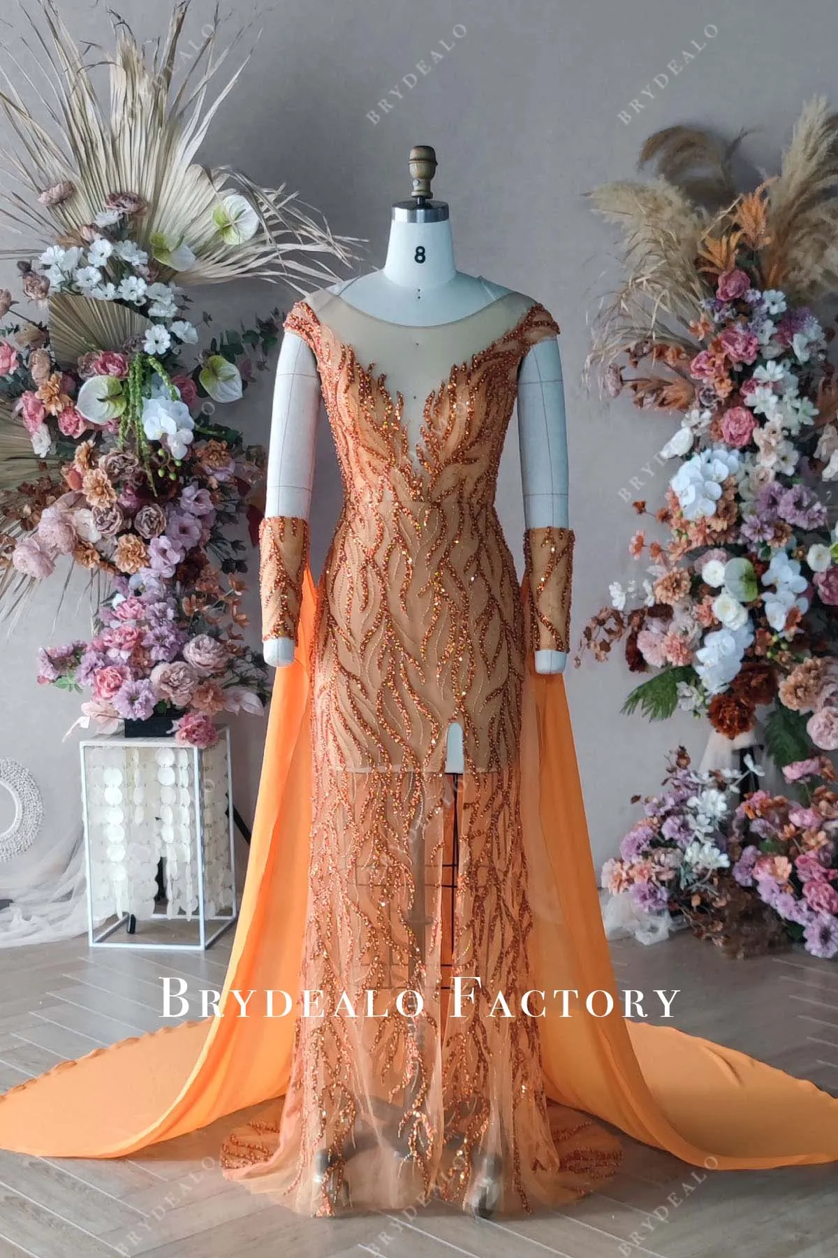 Custom Orange Beaded Slit Long Prom Dress