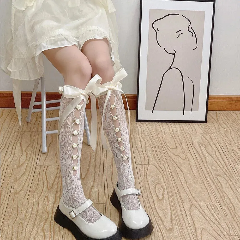 Cutout Lolita Knee High Socks With Ribbon and Flower | Lolita Outfits